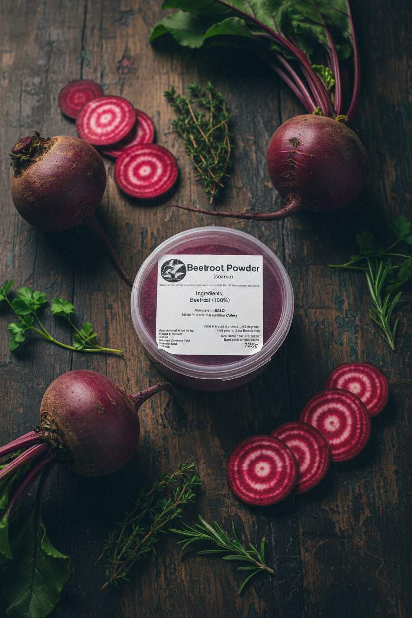 Beetroot powder container with label on a rustic background