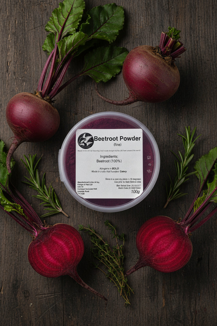 Beetroot powder container with label on a rustic background