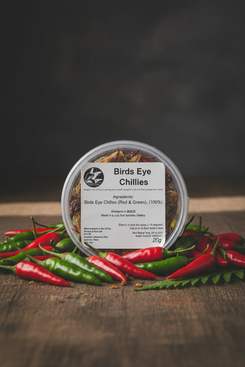 Container of Birds Eye chilies with a label on a rustic background