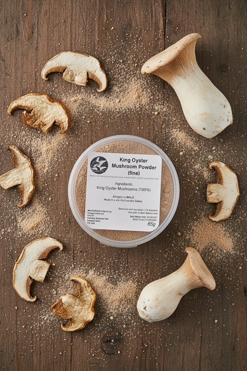 Container of King Oyster Mushroom Powder with label on a white background