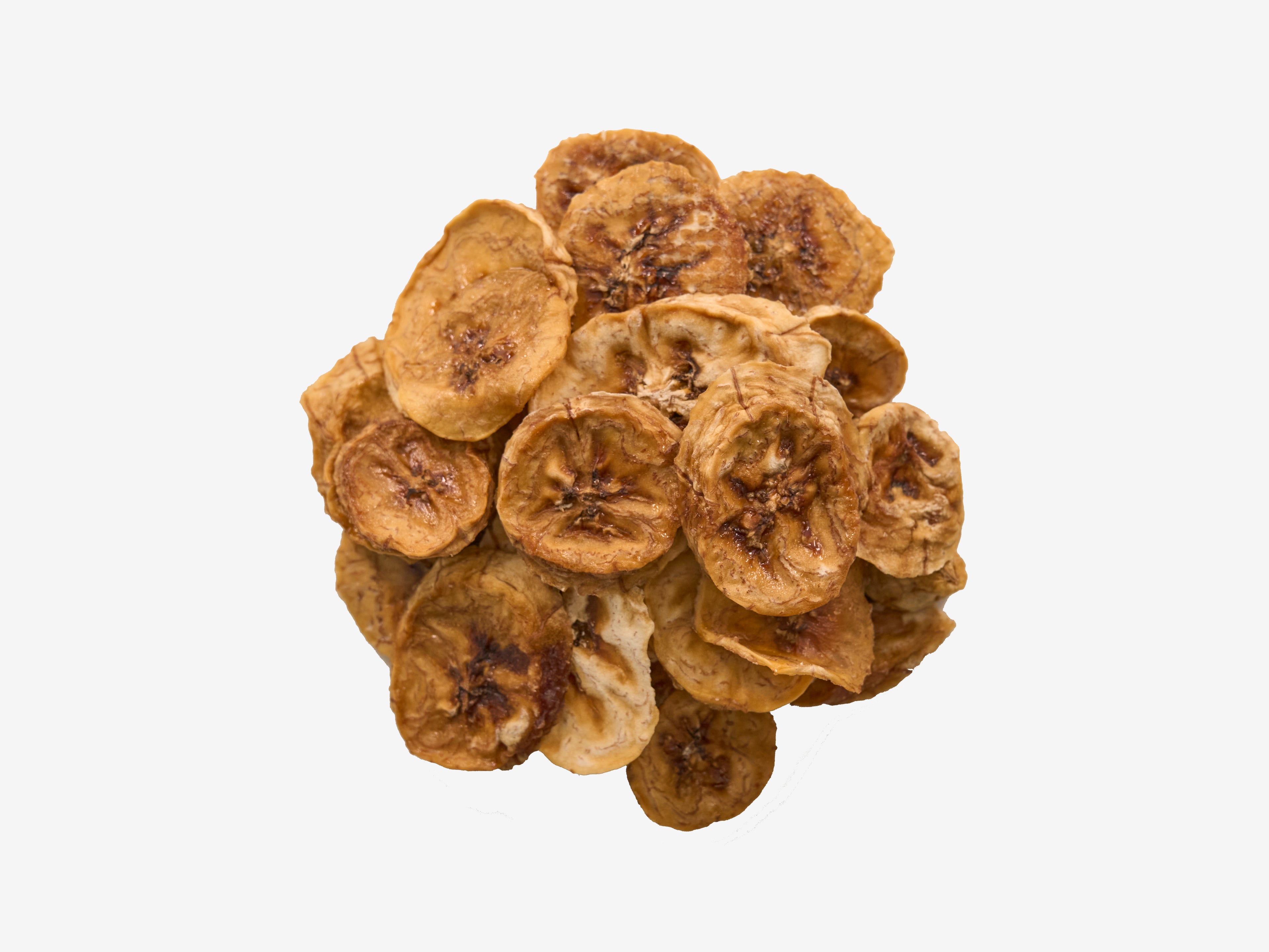 Dried banana slices on a white background