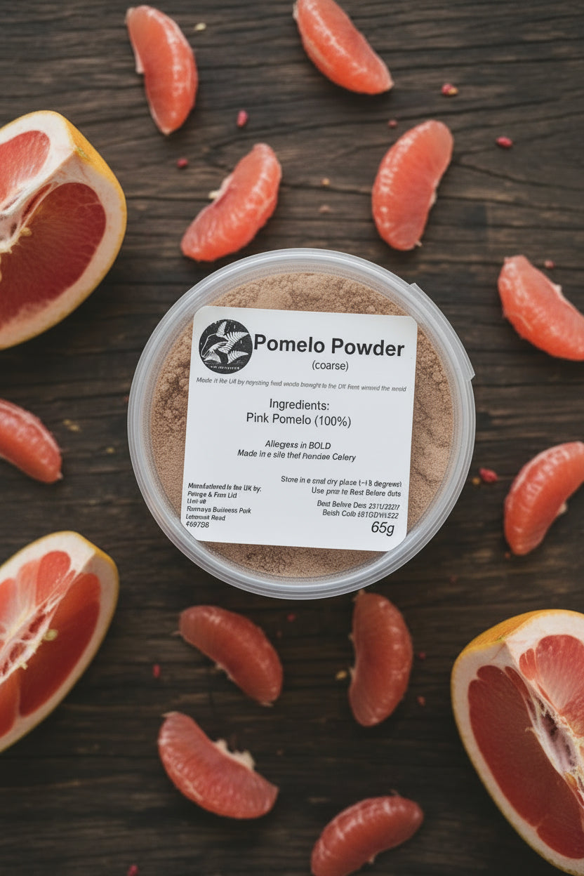 Pomelo Powder container with label on a rustic background
