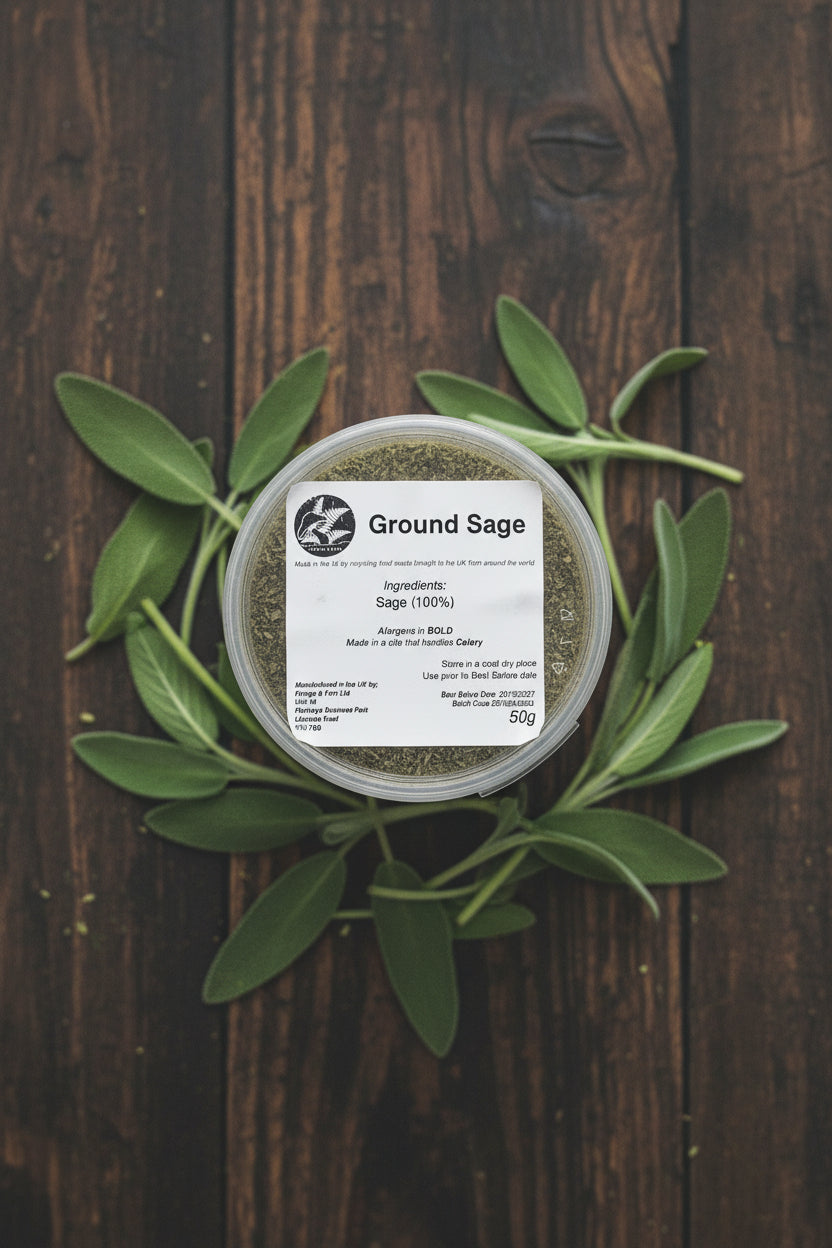 Container of ground sage with a label on a rustic background
