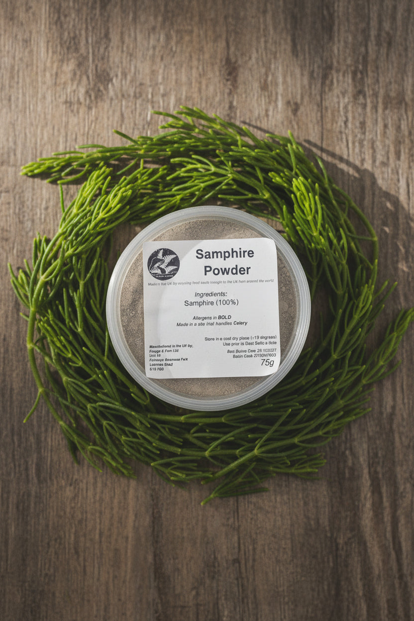 Container of Samphire Powder with a label on a rustic background