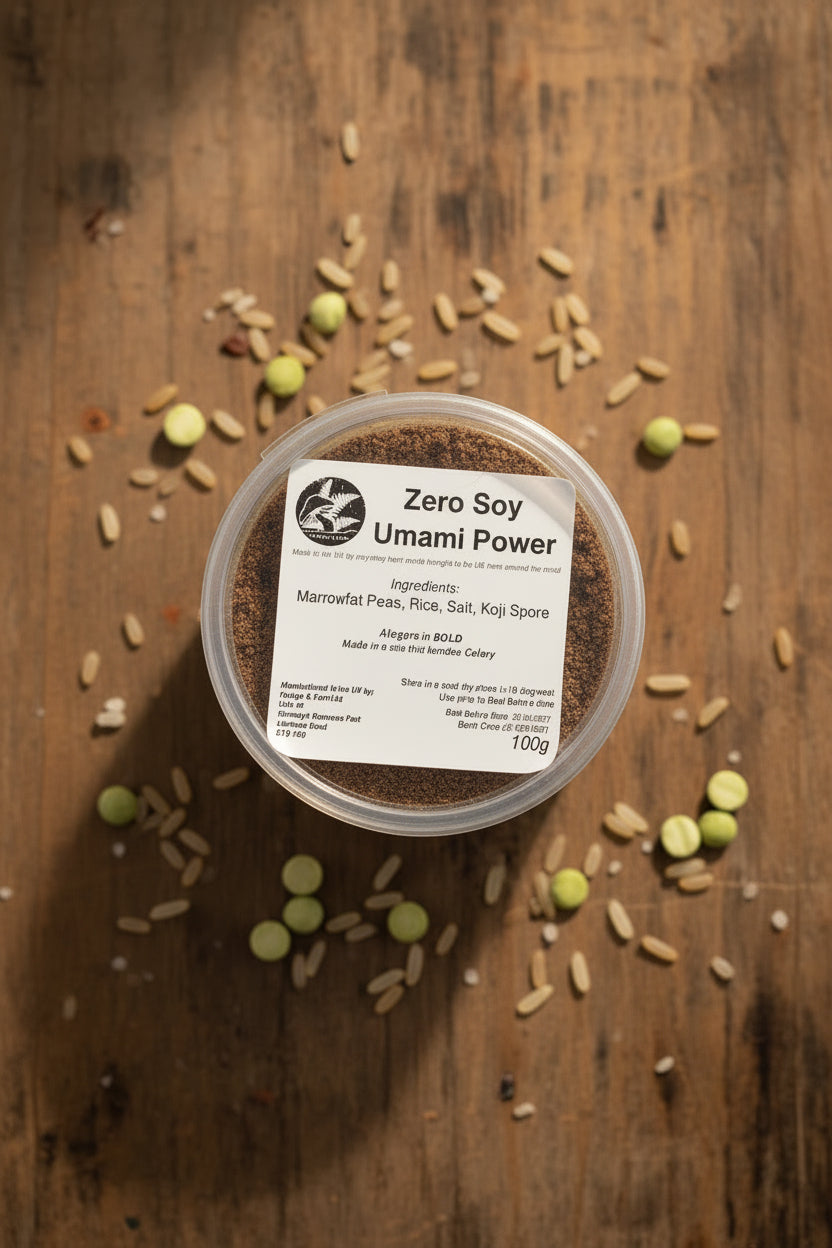 Container of Zero Soy Umami Power with a label on a rustic background
